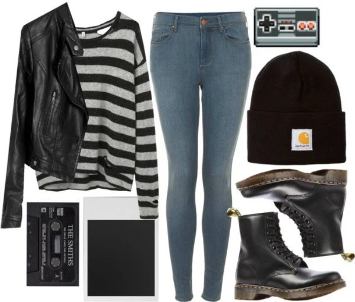stonewash skinny jeans, in light blue, black leather biker jacket, striped jumper in black and light grey, combat boots and a beanie hat