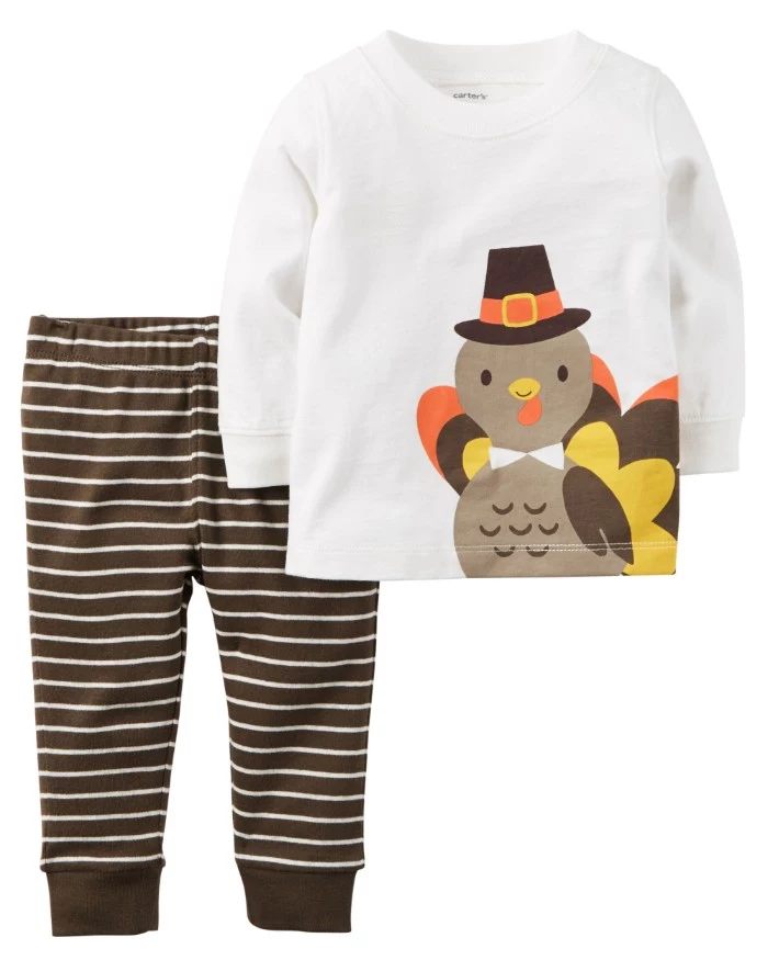 cartoon turkey printed on a white, long-sleeved top, baby thanksgiving outfits, striped trousers in dark brown and white
