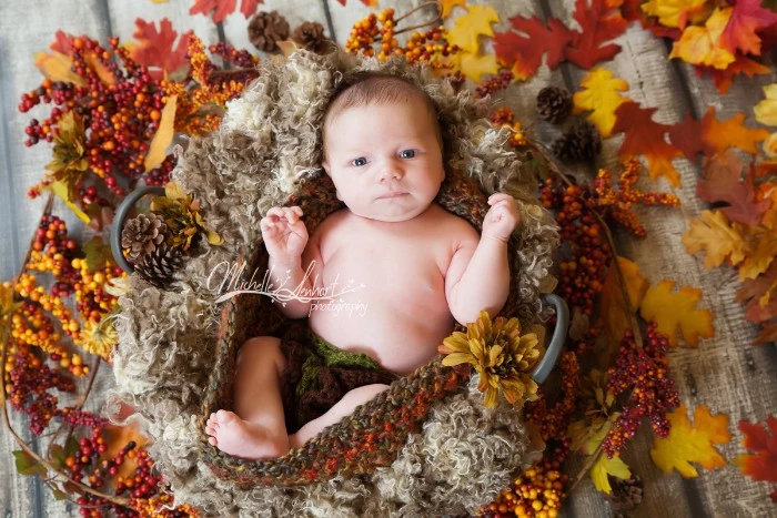 basket lined with beige and cream wool, containing a very young baby, dressed in dark green knitted nappies, baby thanksgiving outfits, fall leaves in different colors, and decorative branches, with small orange berries