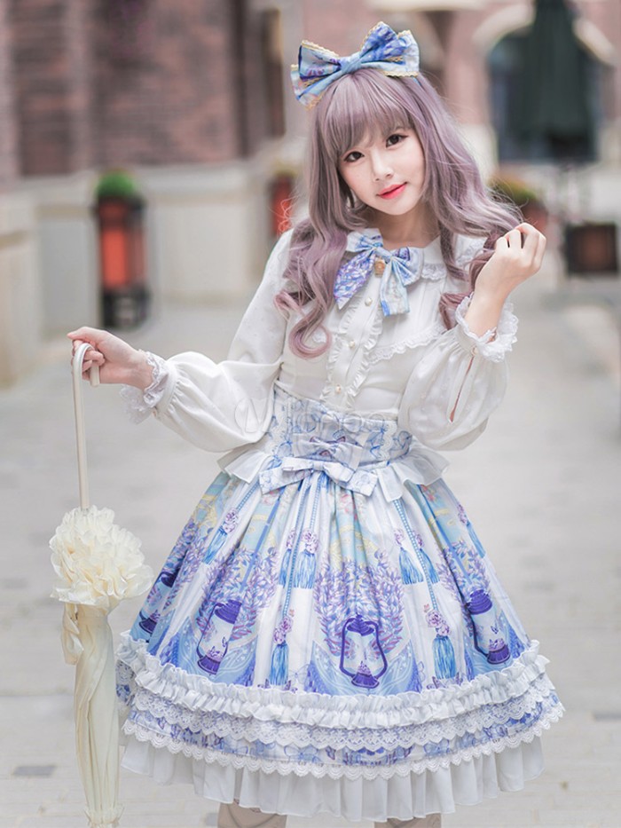 grey wig with bangs, worn by a pale slim girl, dressed in a blue and white frilly skirt, and a white blouse with flounces, lolita style outfit, cream frilly parasol