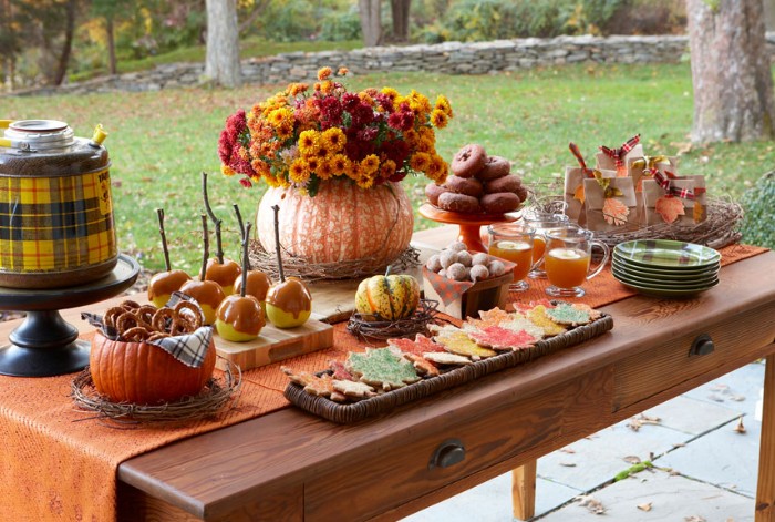 snack table with candied apples, donuts and pretzels, cookies and juice, placed near a lawn, thanksgiving tablescape, pumpkin filled with orange and red flowers