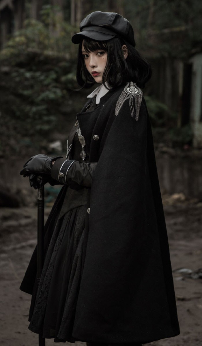 black-haired girl, wearing a gothic lolita dress, a long cape with epaulettes, black leather gloves, and a black leather cap