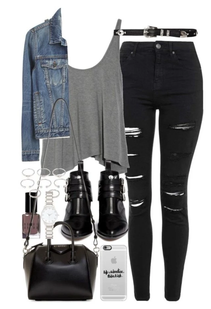 waterfall style tank top, in pale grey, ripped black skinny jeans, cropped blue denim jacket, patent leather ankle boots in black, grunge girl wardrobe, black leather bag and accessories