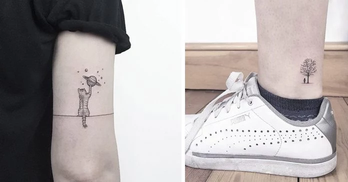 two images showing examples of small meaningful tattoos, a cat playing with a planet, and person, standing under a tree 