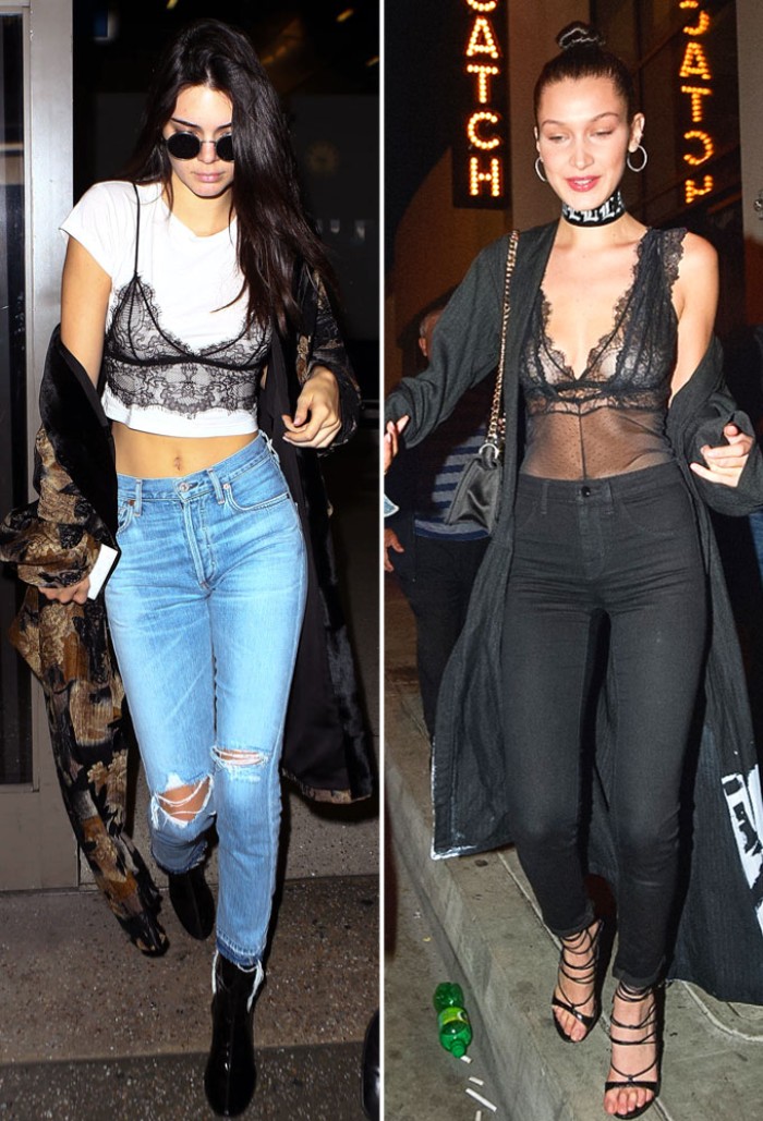 kendall jenner and another female celebrity, wearing black lace see through bralette, with ripped blue jeans, black skinny trousers, a white t-shirt, and long cardigans
