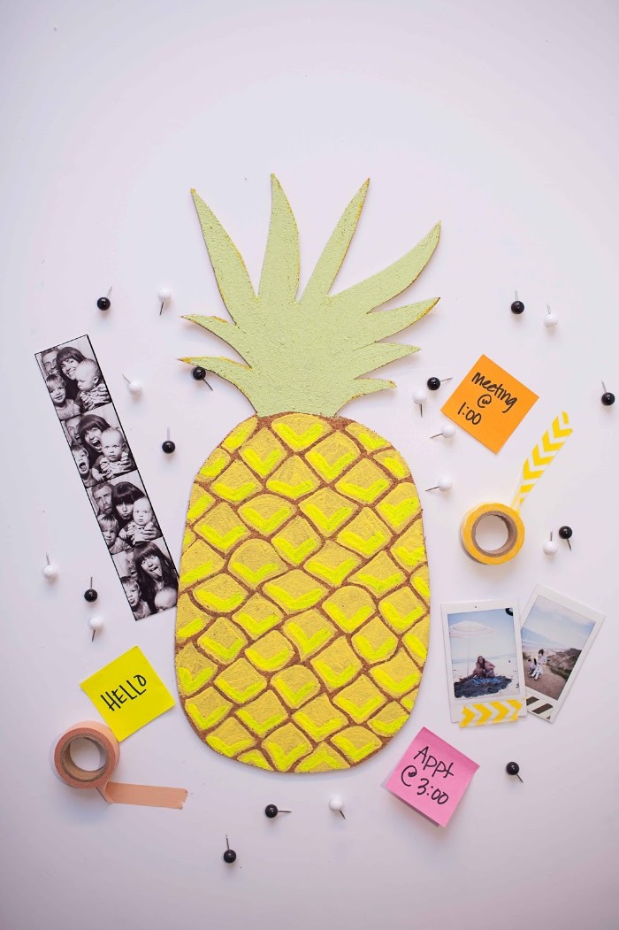 washi tape and pins, photos and post it notes, placed near a yellow, and pale green bulletin board, diys for your room, pineapple wall decoration