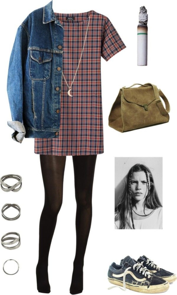 mini dress with short sleeves, featuring a red and dark blue plaid pattern, baggy blue denim jacket, black tights and a beige suede bag, grunge definition, dark blue and white retro sneakers, and various accessories
