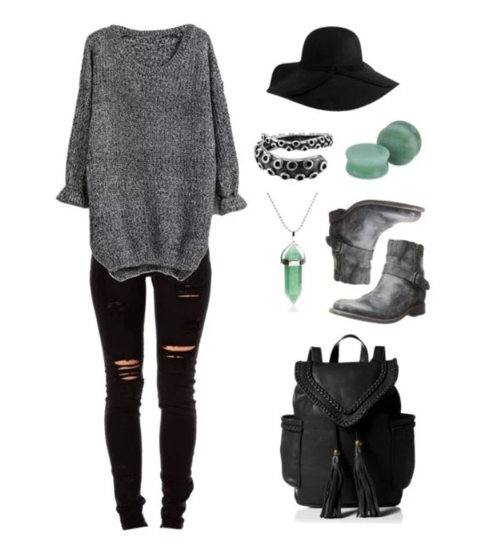 grunge girl inspired outfits, ripped black skinny jeans, oversized grey jumper, black felt hat, grey ankle biker boots, black leather backpack, and assorted jewelry