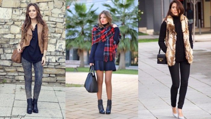 three examples of thanksgiving outfits for women, dark grey leggings, and a brown leather jacket, black mini skirt and jumper, black skinny trousers and a fur gilet