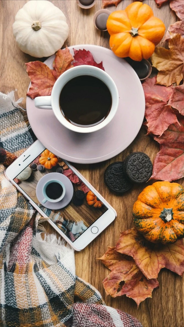 black coffee in a white cup, placed on a white saucer, and surrounded by dry fall leaves, three small decorative pumpkins, and some oreo biscuits, happy thanksgiving wishes, smartphone and scarf nearby
