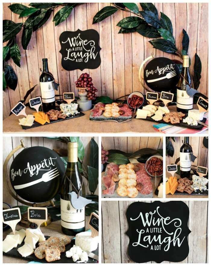 creating your own wine tasting party, 50th birthday ideas, five images showing a table, with wine and grapes, cheese and salami platters, and various decorations
