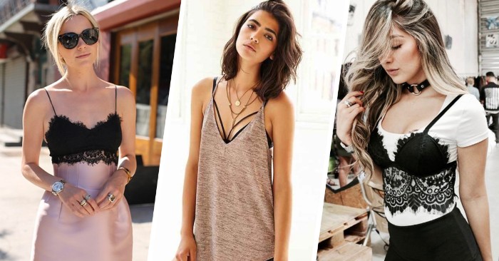 three images of women, wearing black bralettes in different ways, what is a bralette, powder pink satin skirt, oversized brown tank top, over a plain white t-shirt