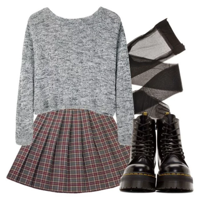 lace up black leather combat boots, plaid skirt in grey and dark red, grunge definition, sheer black tights, and a shirt jumper in grey marl