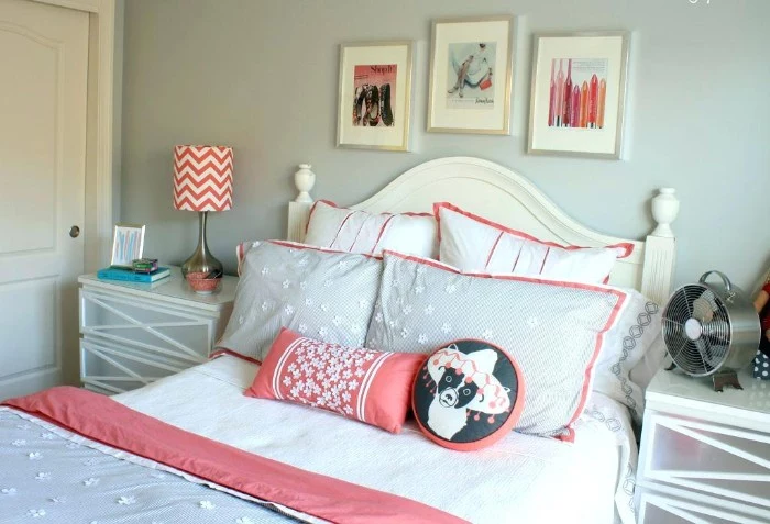 cool beds for teens, pillows and cushions, decorating a single bed, with a white wooden headboard, pale grey wall, with three framed images