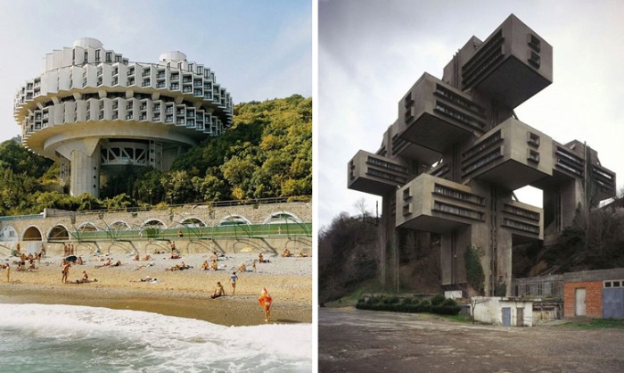two examples of brutalist art, socialist modernism buidlings, the druzhba sanatorium in yalta ukraine, and the headquarters of the georgian ministry of highways, in tbilisi georgia
