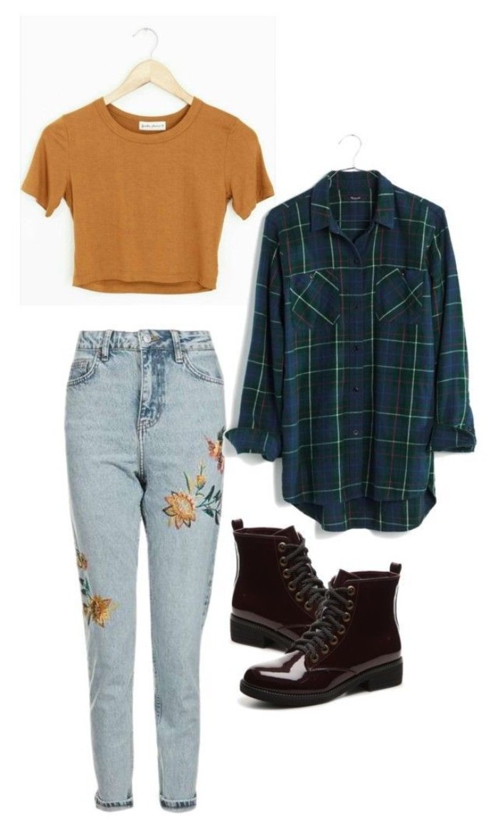 embroidered pale blue, high waisted acid wash jeans, featuring floral motives, grunge girl looks, cropped orange t-shirt, patent dark burgundy combat boots, oversized plaid shirt in dark green, white and dark blue