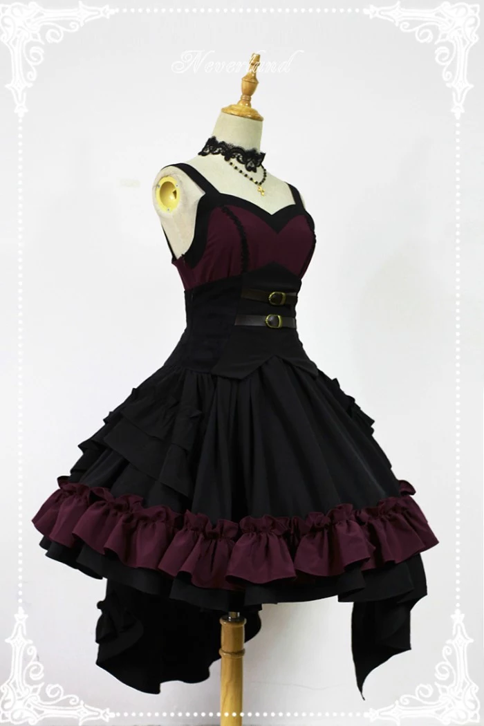 belted corset detail, on a strappy dress, with a full skirt and frills, in purple and black, define lolita, pale grey background