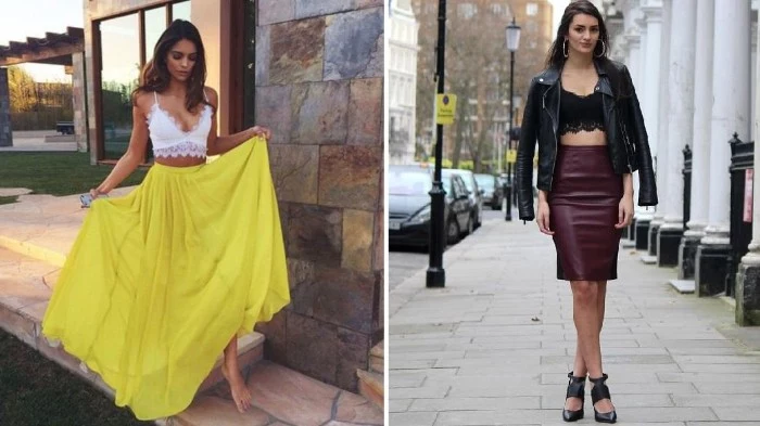 two images showing women, wearing lace bralettes and skirts, white bralette and a floaty, yellow maxi skirt, bralette outfit, black leather biker jacket, dark purple leather pencil skirt, and a black bralette