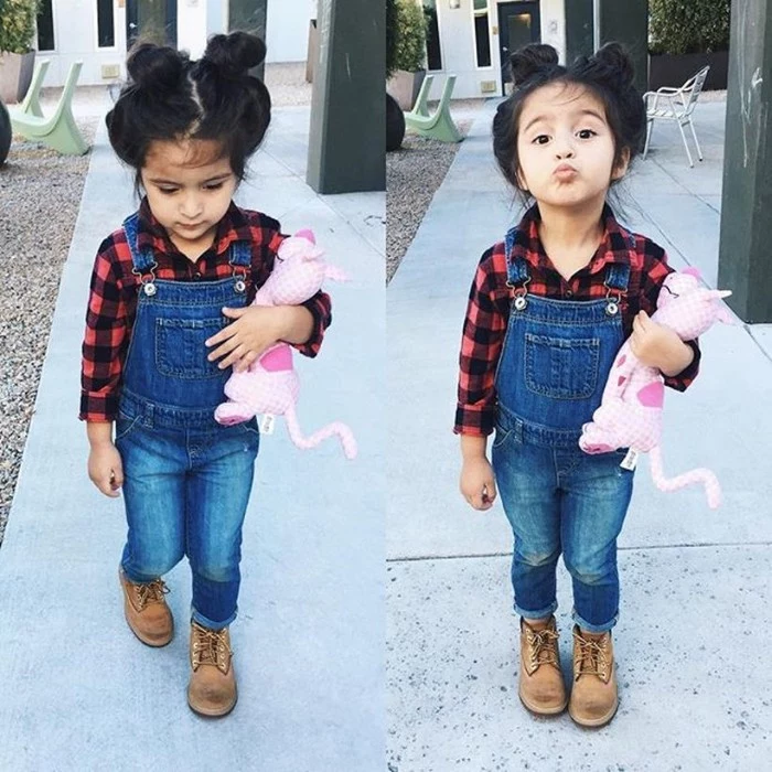 two images of a small girl, dressed in blue denim overalls, and a plaid black and red shirt, toddler thanksgiving outfit, with beige lace up shoes