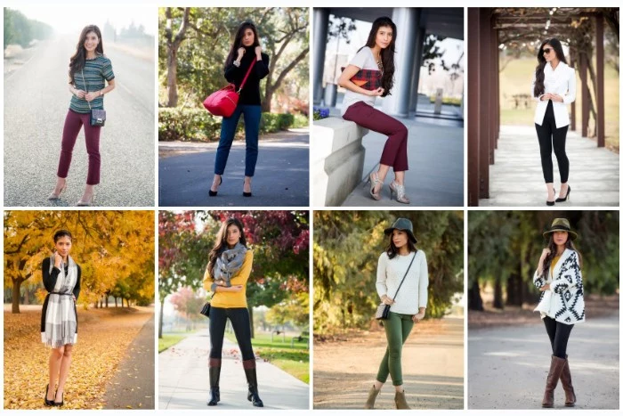 examples of thanksgiving outfits for women, eight different styles, burgundy ankle trousers, skinny jeans with a jumper and a scarf, and many more