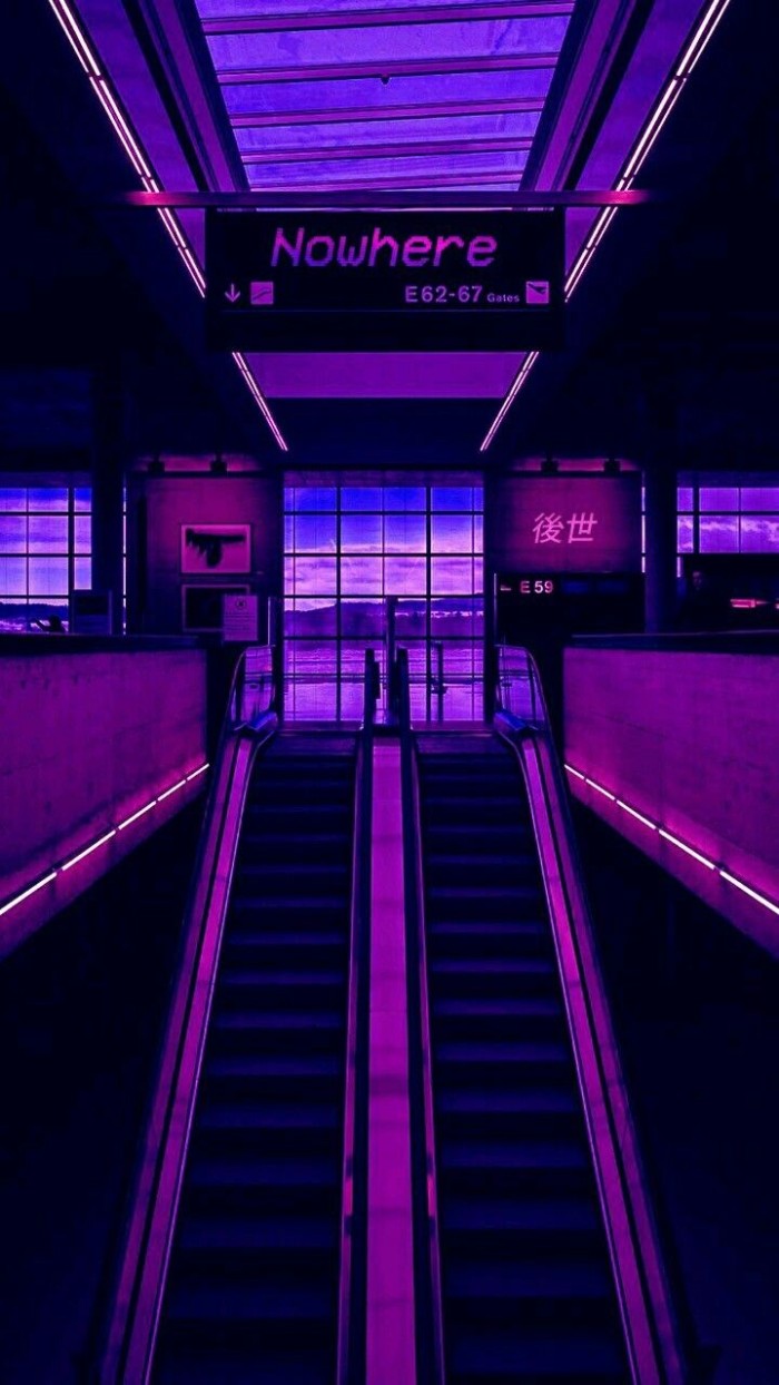 nowhere written on a black shield, hanging over a pair of escalators, in an empty mall-like space, illuminated by pink neon light, 80s grunge