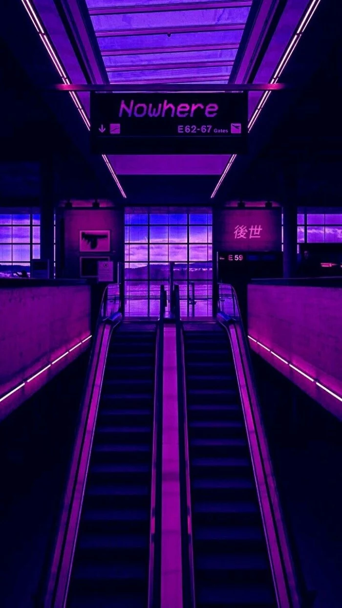 nowhere written on a black shield, hanging over a pair of escalators, in an empty mall-like space, illuminated by pink neon light, 80s grunge