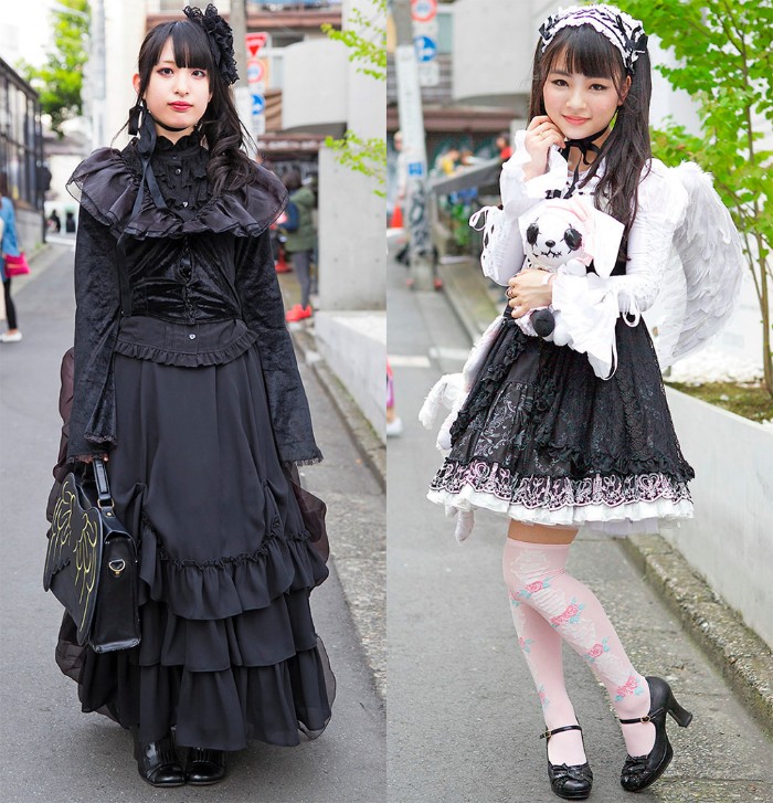 side by side comparison, of two japanese lolita styles, kuro lolita dressed in all black, and gothic lolita in a black and white mini dress, with patterned pink over-the-knee socks