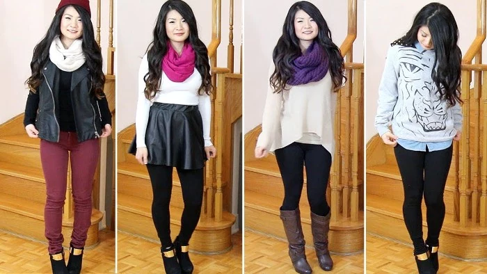 four images of the same woman, dressed in different outfits, purple skinny trousers, and a black leather biker jacket, black tights and a mini skirt, leggins and jumpers
