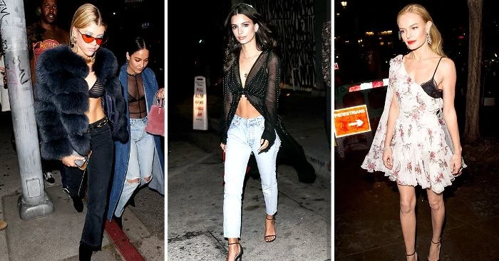 celebritied wearing black bralettes, with dark blue jeans, and a black fur coat, with light blue jeans, and a long, sheer black top, what is a bralette, with a white dress, featuring floral motifs