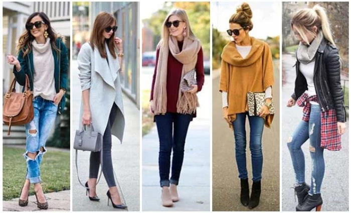 women dressed in cute thanksgiving outfits, ripped jeans and light sweaters, scarves and skinny jeans, and other examples