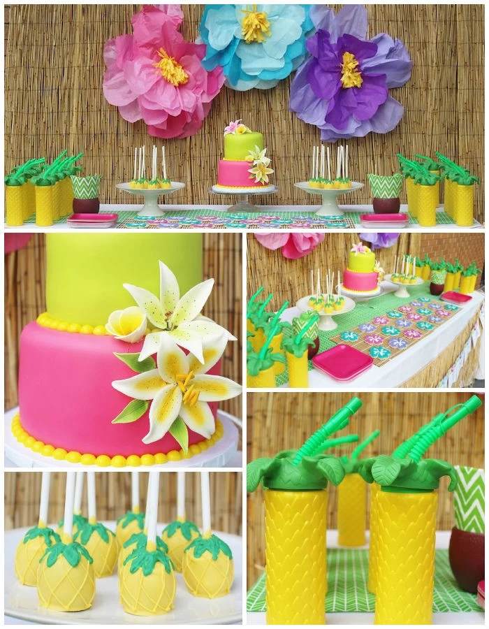 organizing a hawaiian-themed birthday party, cake in hot pink and lime green, decorated with realistic lilies, made from fondant, large paper wall decorations in pink, blue and violet, 50th birthday colors, drinks and sweets decorated like pineapples