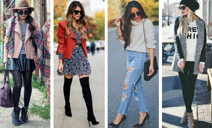 young slim women, dressed in four different outfits, suitable for thanksgiving, mini dress and over-the-knee boots, ripped jeans and a polo neck jumper, mini skirt and a striped top, black skinny trousers, and a printed t-shirt