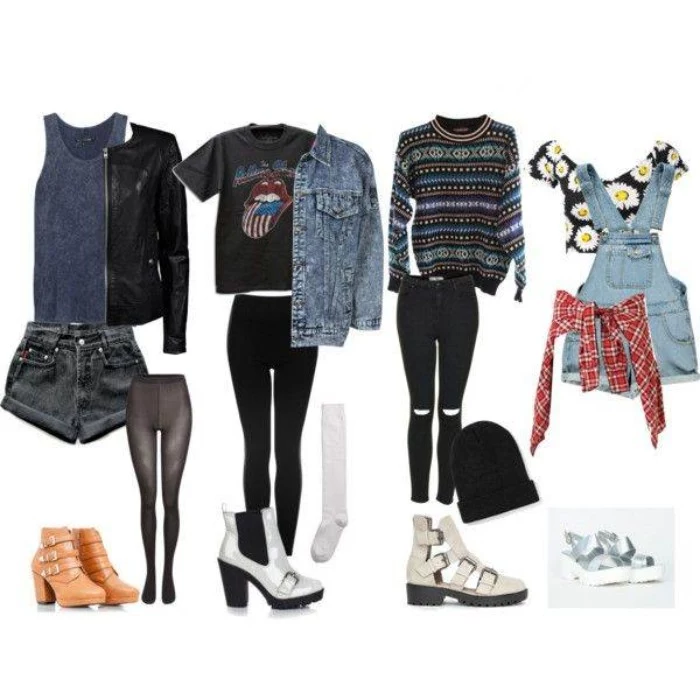 90s grunge clothing, in four examples, black denim shorts, with a dark grey tank top, and a black leather jacket, light blue denim dungarees, with a floral cropped top, and a red plaid shirt around the waist, and other ideas