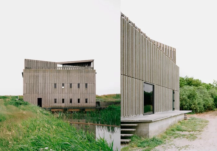 river pumping stations, renovated with designs by johansen skovsted, two concrete buildings, with rectangular windows, brutalist art 