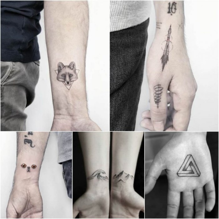 animal and geometry inspired, cool arm tattoos, a fox head and a triangle, a rocket and a coil, a cat's face, a wave and a mountain, a penrose triangle