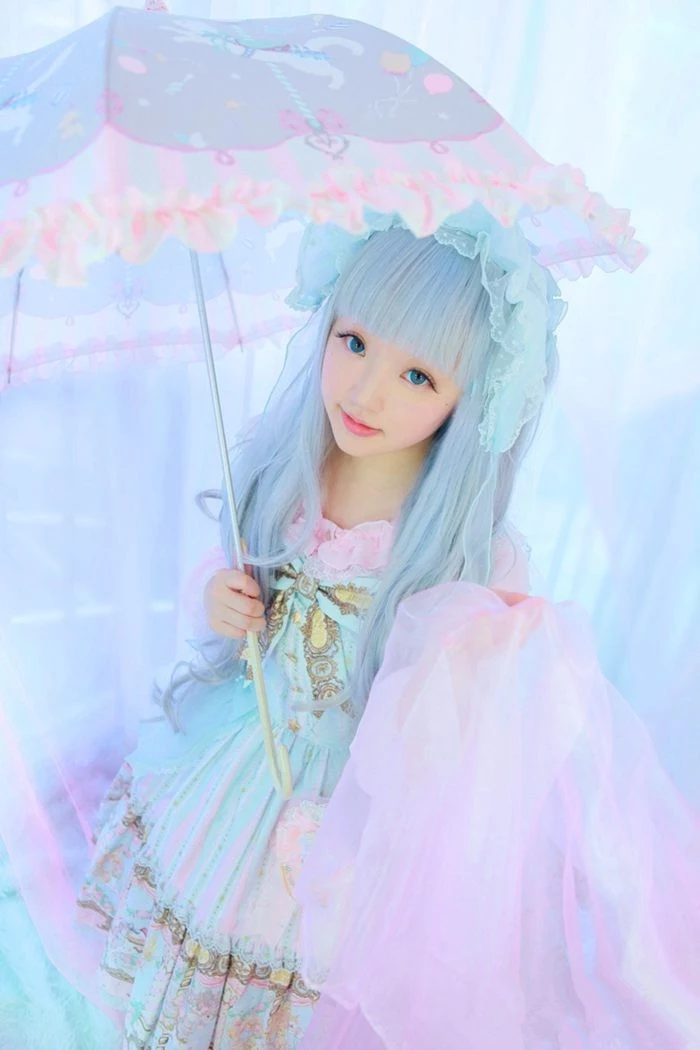 teenage girl in a pale blue wig, dressed in a pastel blue dress, with pastel pink and gold motifs, what is lolita, matching pastel parasol with frills