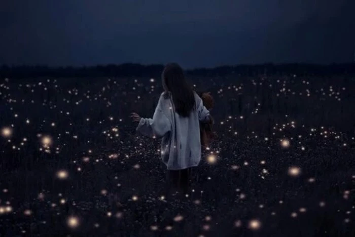 fireflies in a dark field, surrounding a woman, with long dark hair, dressed in an oversized white jumper, and holding a teddy bear