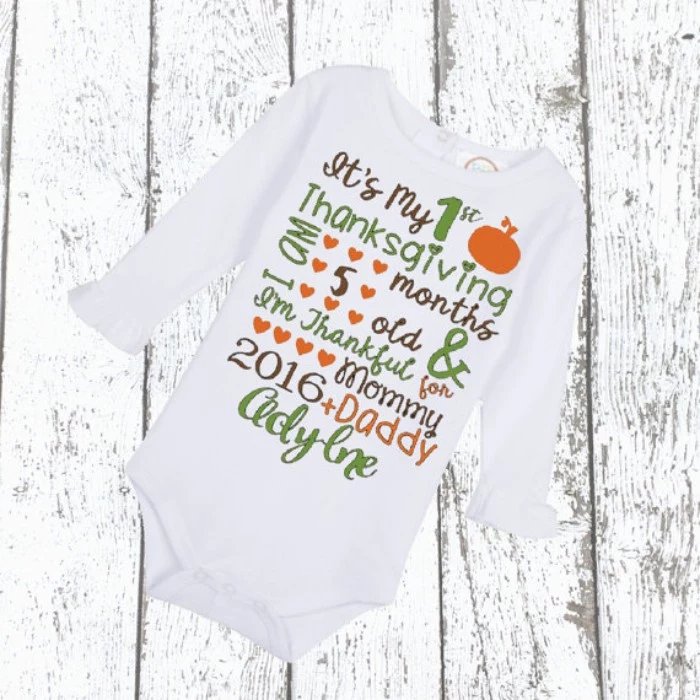 first thanksgiving baby onesie, with long sleeves, baby's first thanksgiving outfit, featuring a festive message, printed in green, orange and brown