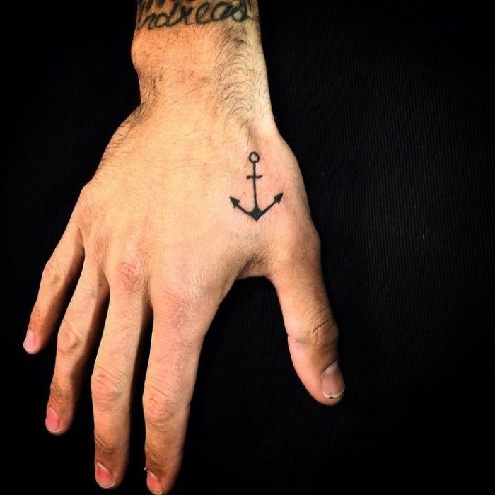 simple anchor in black, tattooed on a man's hand, close to his thumb, small symbolic tattoos, security and stability, black background