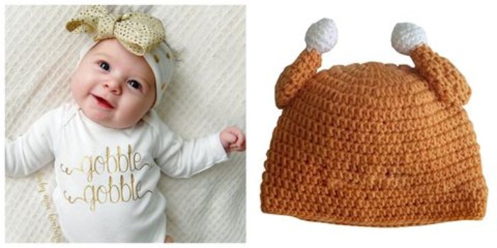 gobble gobble printed in gold, on a white onesie, worn by a smiling baby, with a white and gold headband, featuring a large bow, baby's first thanksgiving outfit, next image shows a knitted hat, resembling a roast turkey