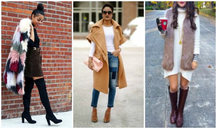 patchwork faux fur coat, worn with a black mini dress, and over-the-knee boots, short sleeved beige coat, over jeans and a white t-shirt, and a faux mink fur gilet, on top of a white jumper dress