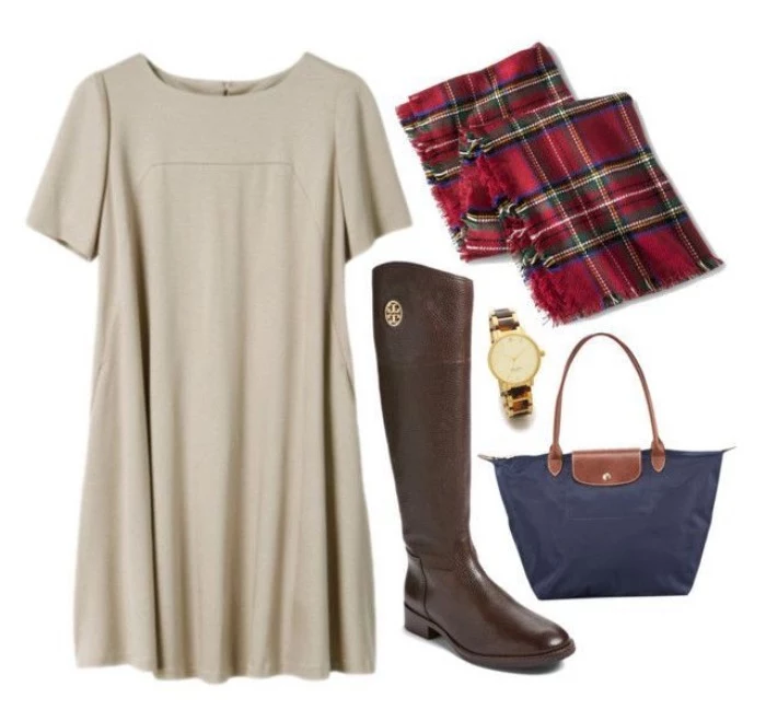 tall brown leather, riding style boots, a-line dress in ivory, cute thanksgiving outfits, tartan blanket scarf, and a navy blue tote bag, with brown leather details