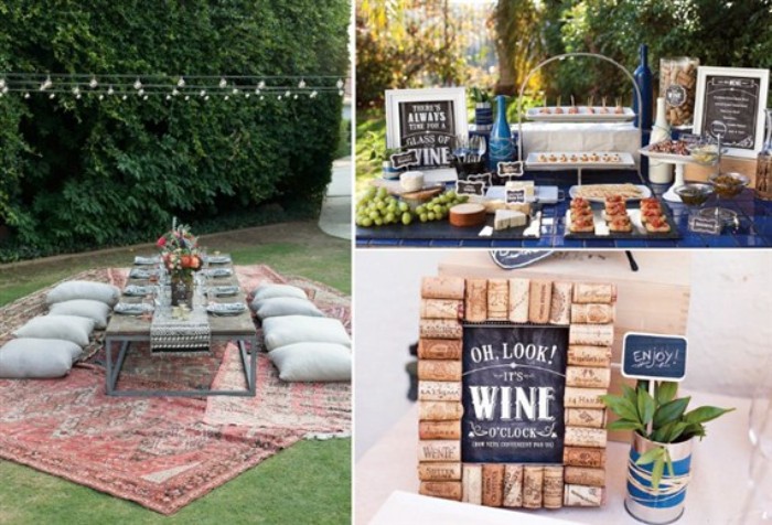 three images with 50th birthday party ideas for mom, a boho picnic in the garden, a wine tasting station, and some wine themed decorations