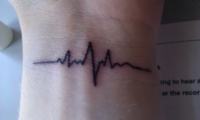 extreme close up at a person's wrist, showing a life line tattoo, done in black ink, simple and minimlaistic design