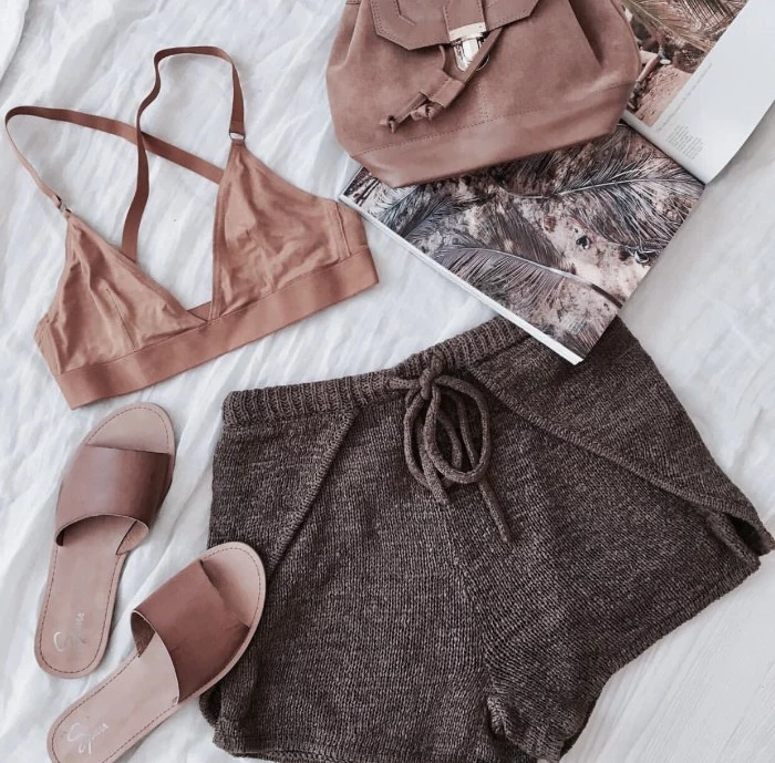 summer outfit idea, light brown bralette, and brown knitwear shorts, what is a bralette, leather sliders and a brown backpack