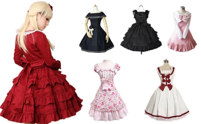 six different lolita dresses, in dark navy and black, pink and white, with patterns and bows and lace trims, define lolita, girl in a blonde wig, wearing a frilly red dress