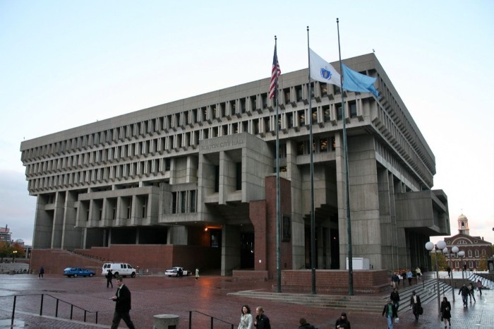 ugliest building in the world, the boston city hall, grey concrete multi-storey structure, with windows in different shapes
