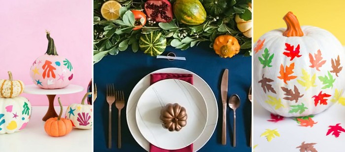 collage showing three images, of different thanksgiving decorations, pumpkins painted in many colors, a centerpiece with green leaves, fruit and gourds