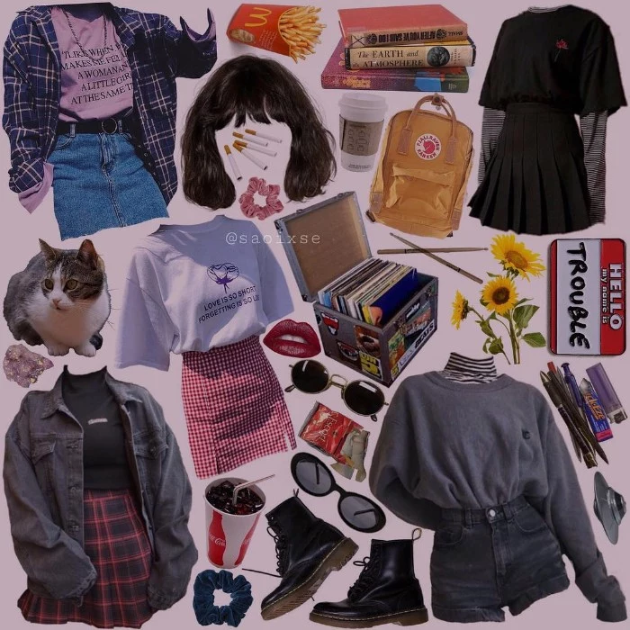 various retro clothes, denim skirt and plaid shirt, dark grey denim high waisted shorts, oversized sweaters and t-shirts, grunge definition, combat boots and a yellow backpack