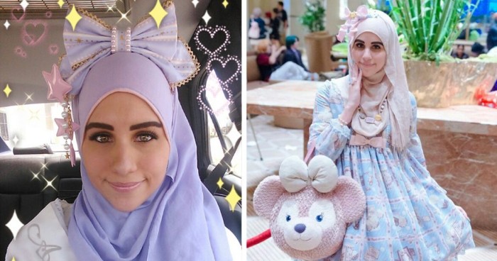 what is lolita, two images showing a close up, and a medium shot, of a young woman, with a pastel colored hijab, dresed in a girly, pale blue patterned dress